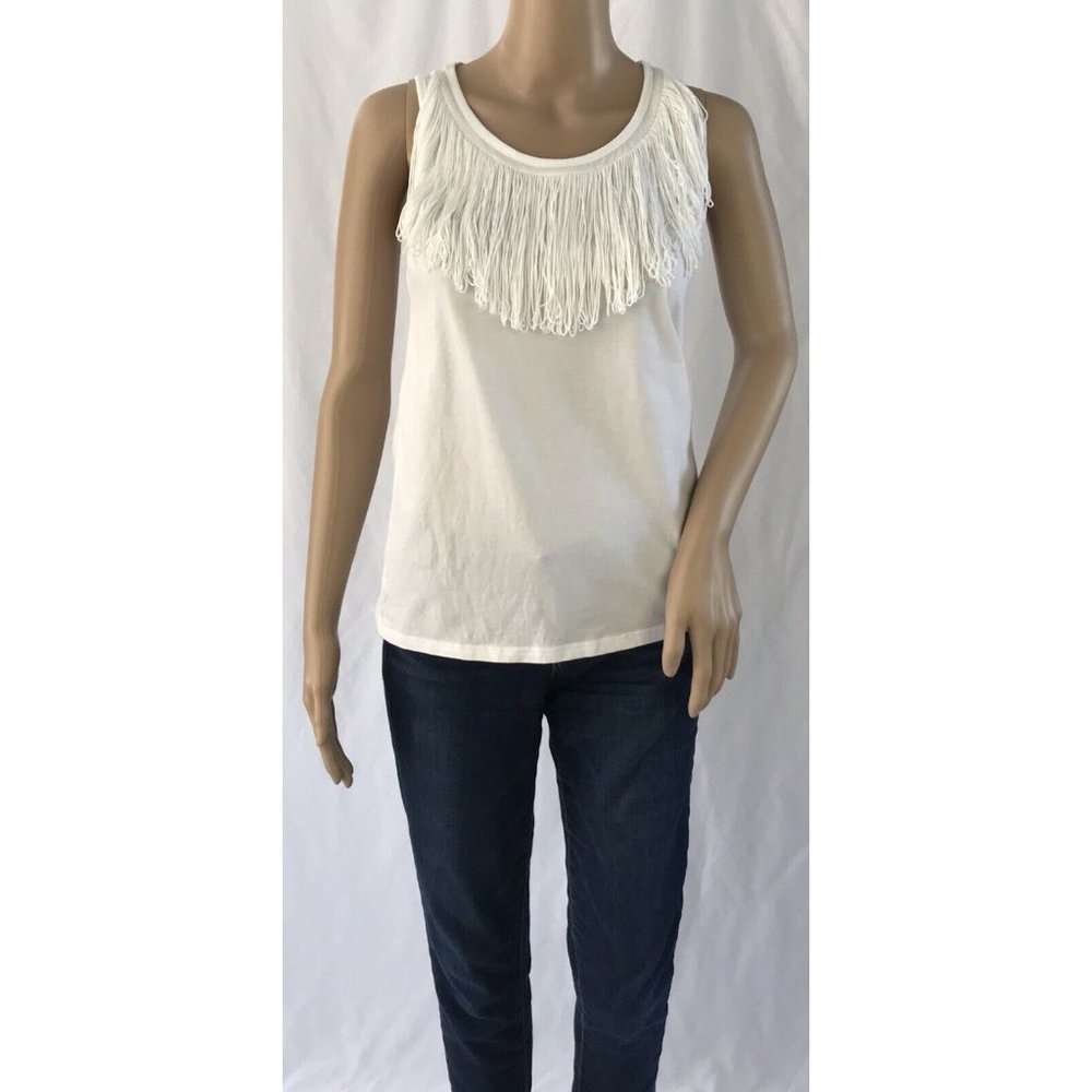 Topshop Top US 2 White Sleeveless Top Racer Back Fringe Neckline Scoop Neck